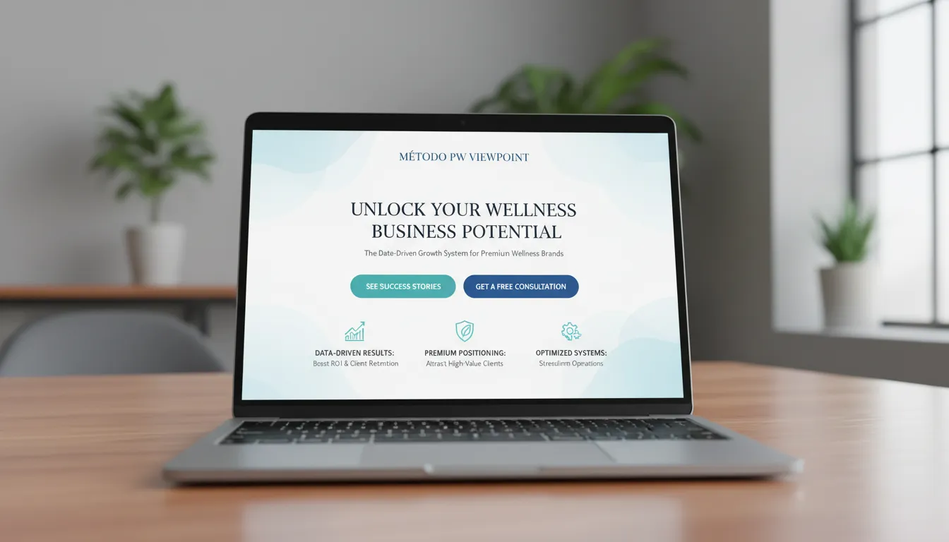 Página de aterrissagem moderna mostrando o sistema de crescimento wellness 'Método PW' da Viewpoint, enfatizando resultados orientados por dados na gestão de clientes.