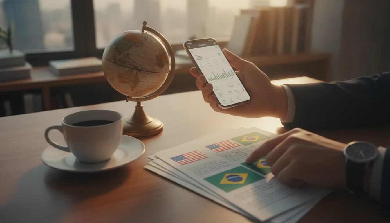 Mesa com documentos, globo, celular, simbolizando gestão financeira e dupla cidadania americana e brasileira.
