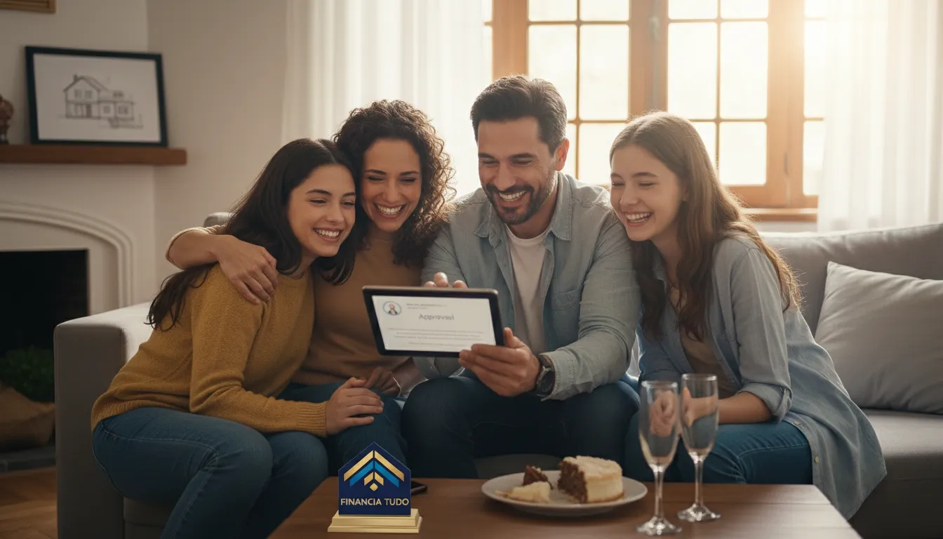 Família comemorando a aprovação de um empréstimo consignado, simbolizando a segurança financeira e a realização de objetivos, com o logo da Financia Tudo.