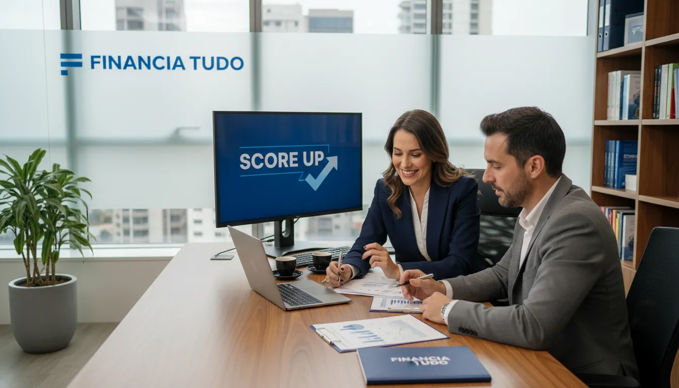 Consultor da Financia Tudo revisando documentos com cliente, discutindo estratégias para melhorar o score de crédito. Conte com a gente para como aumentar score.