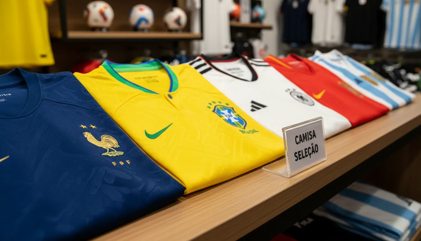Variedade de camisas selecao de diferentes países em uma prateleira de loja, com foco na qualidade do tecido e design.