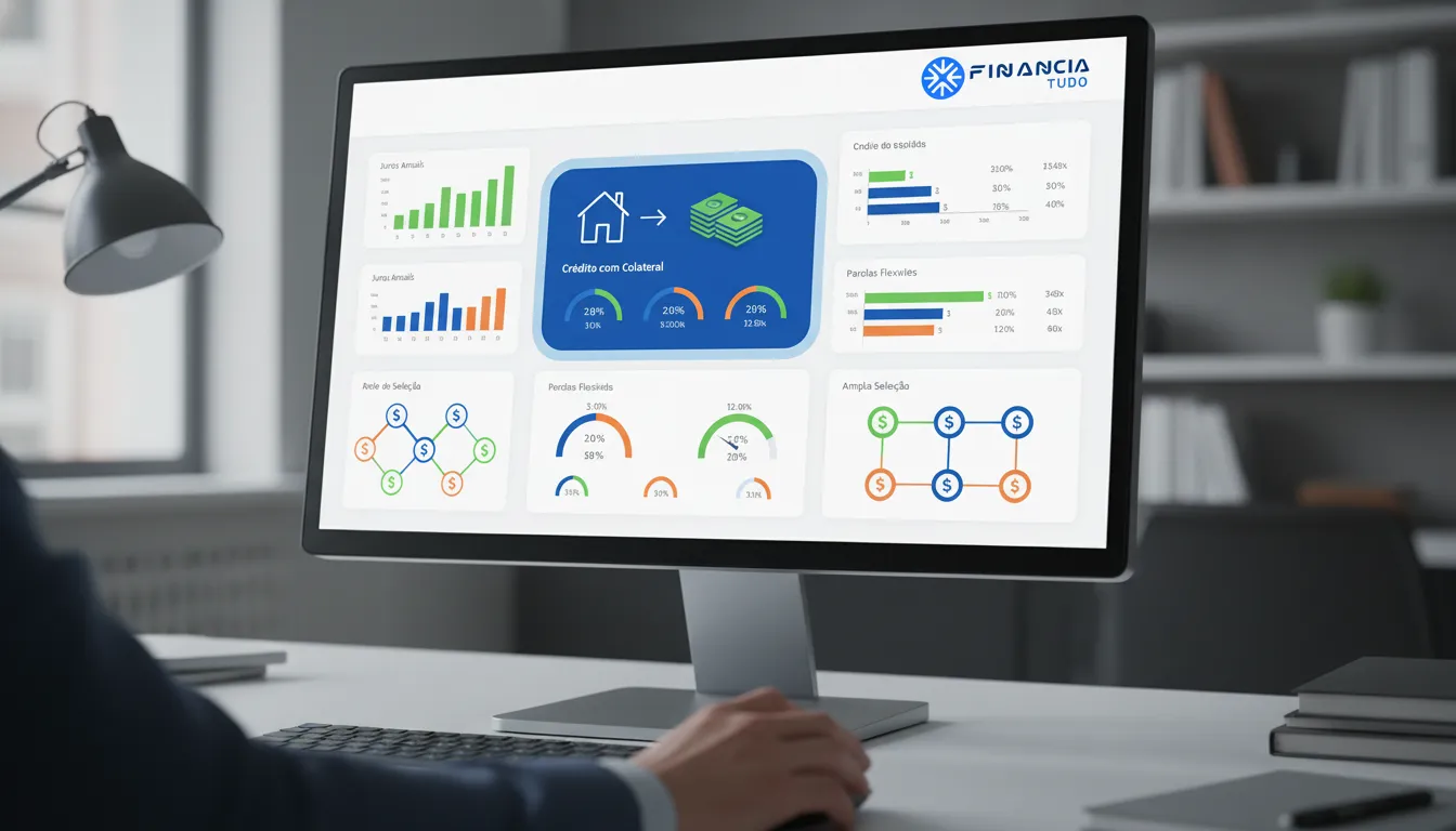 Interface digital moderna exibe opções transparentes de crédito, garantindo segurança e evitando erros crédito com garantia.