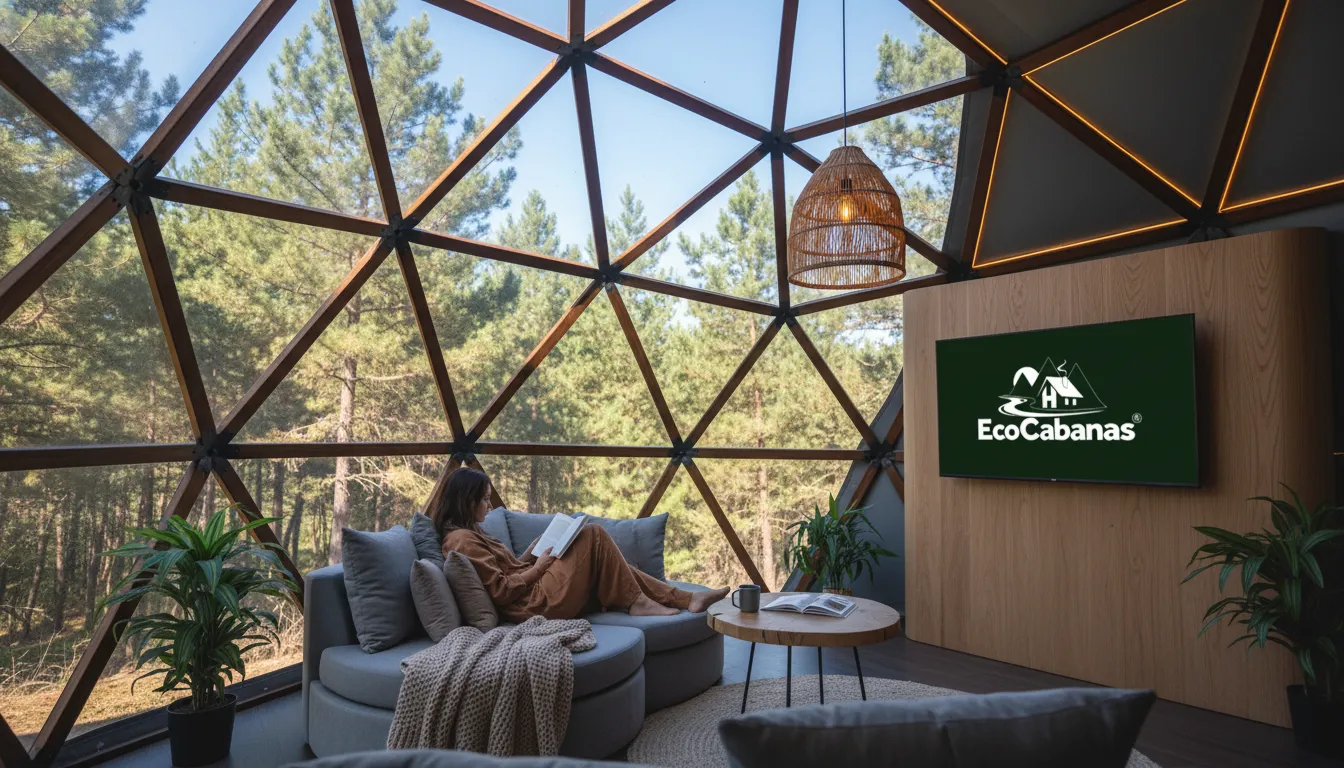 Interior aconchegante de domo geodésico com vista deslumbrante para floresta, pessoa lendo livro.