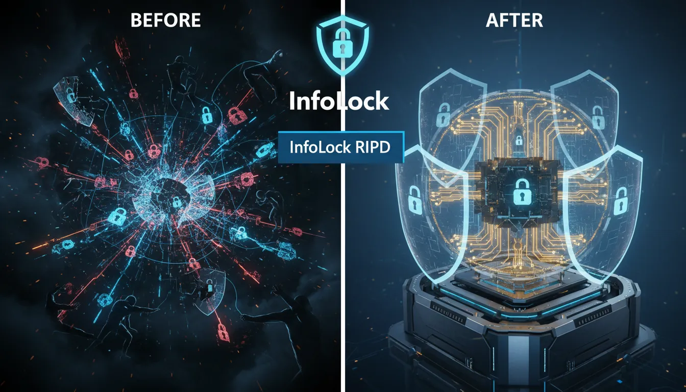 Comparativo visual da proteção de dados antes e depois da implementação do Relatório de Impacto à Proteção de Dados (RIPD) da InfoLock, garantindo conformidade com a LGPD.