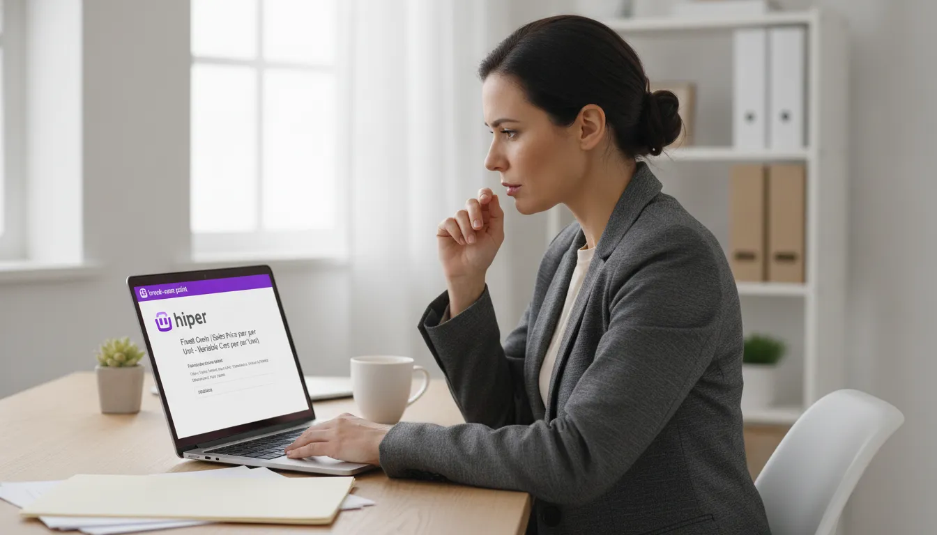 Empreendedora concentra-se na fórmula do ponto de equilíbrio em um software de gestão Hiper.