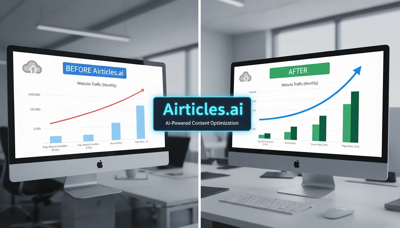 Comparativo realista do impacto da Airticles.ai no SEO de um site, demonstrando o aumento do tráfego e engajamento proporcionado por esta agência de marketing.