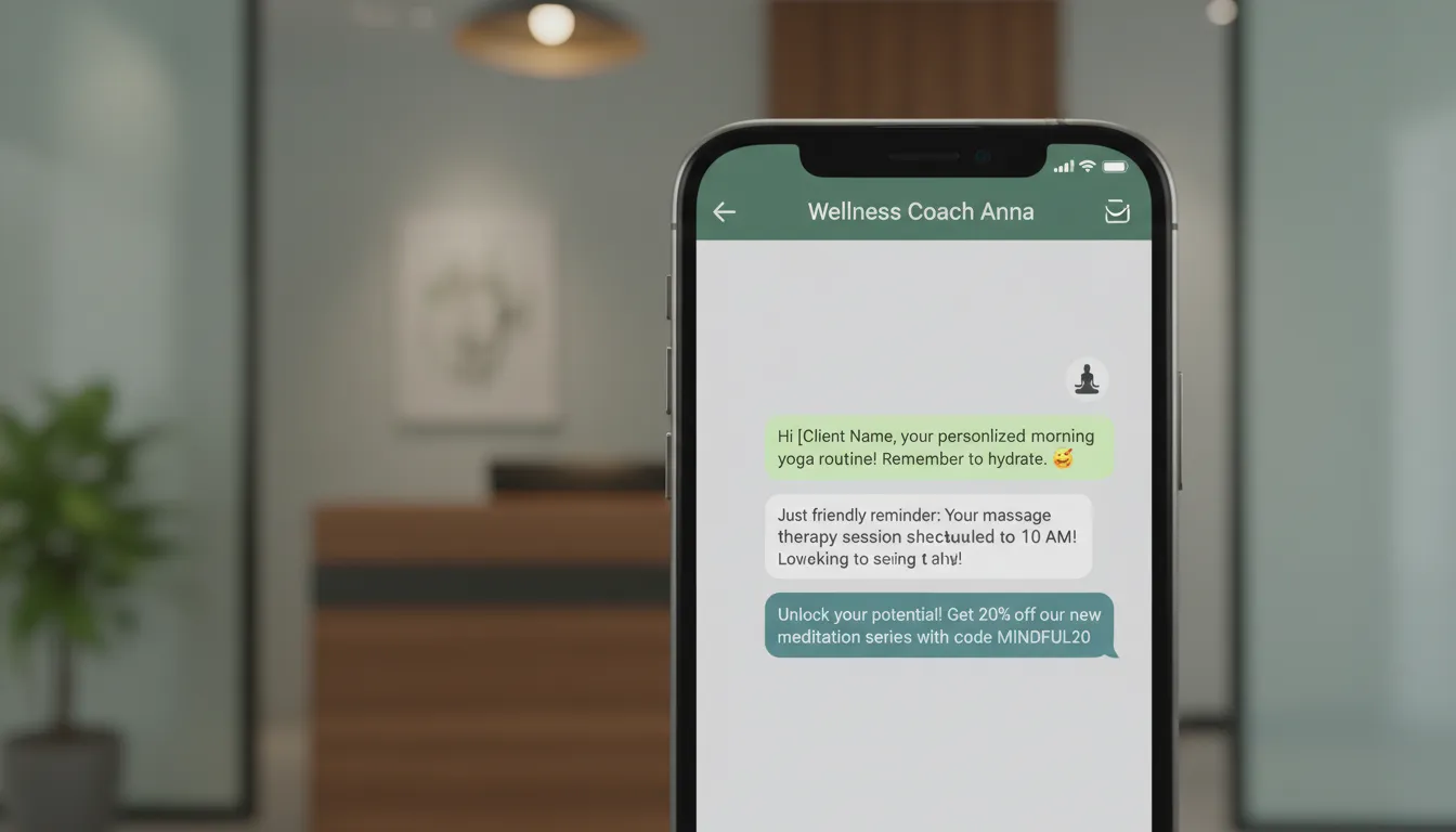 Close-up de mensagens personalizadas whatsapp em smartphone, focadas em dicas de saúde e agendamento de clientes wellness.