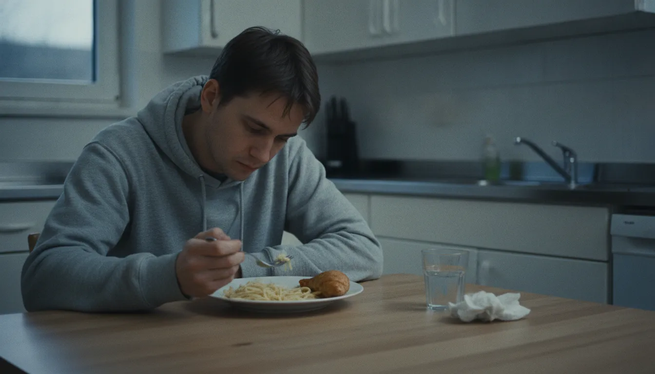 Estilo de vida: Pessoa comendo sozinha, olhar distante, representando viver no automático e falta de conexão.
