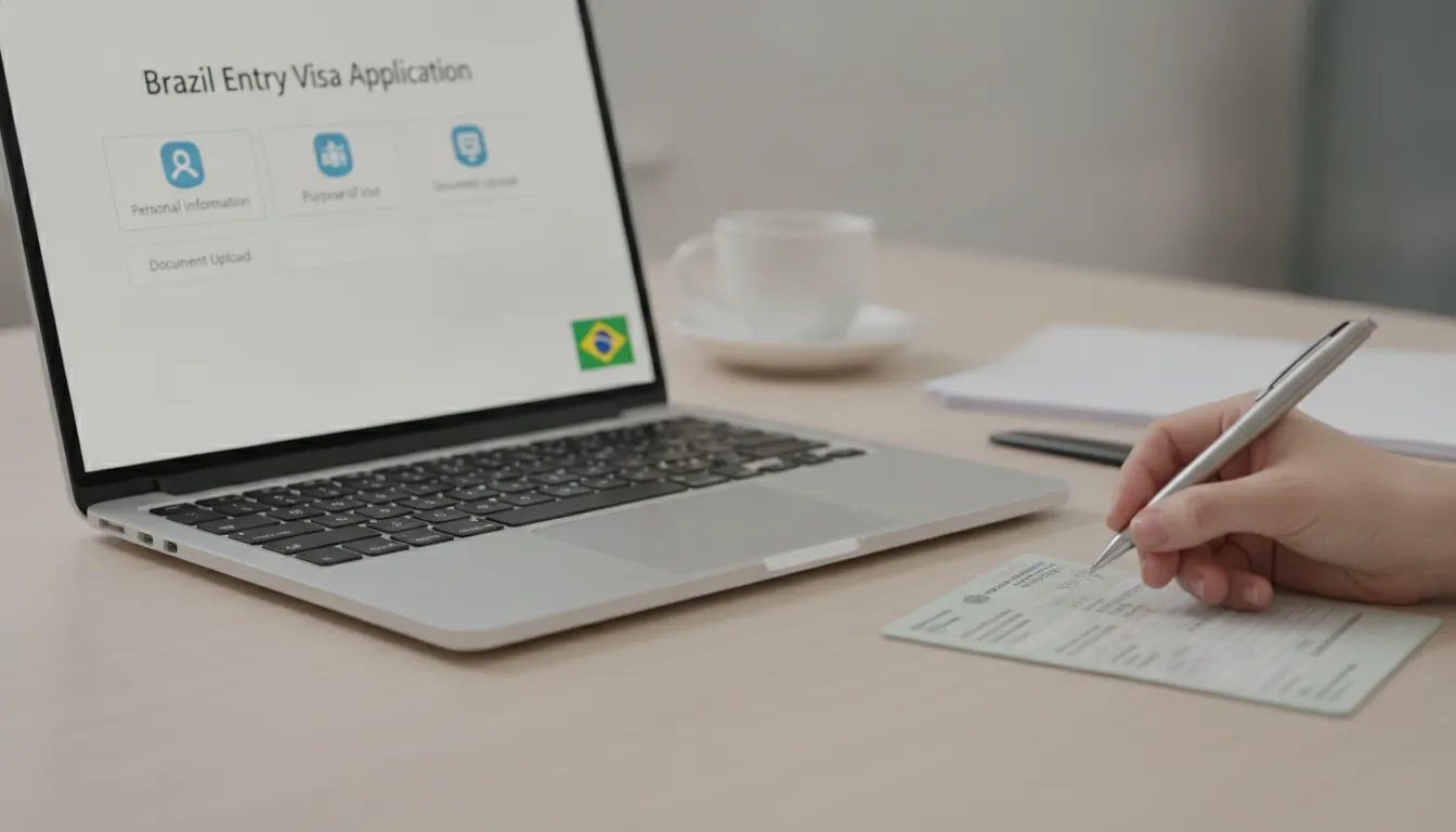 Hand completing online Brazil entry visa application form with passport on a clean desk.