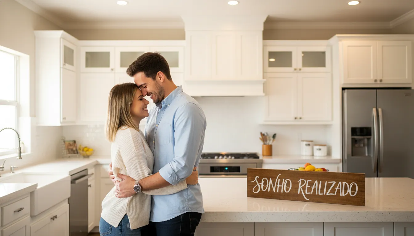 Casal feliz em frente à cozinha renovada, simbolizando a realização de um sonho financiado por empréstimo home equity.