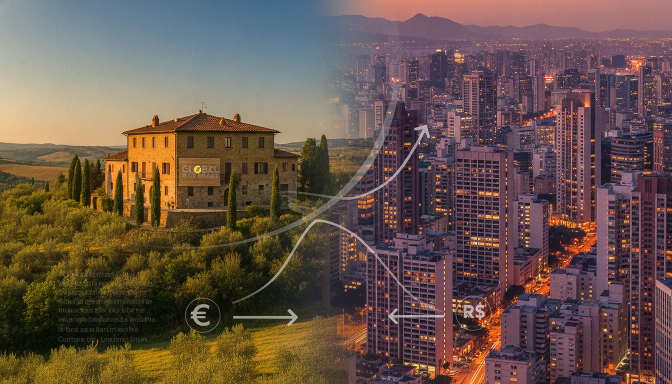 Mains calculant l'ITCMD pour une heritance de l'exterior avec documents fiscaux et carte mondiale.