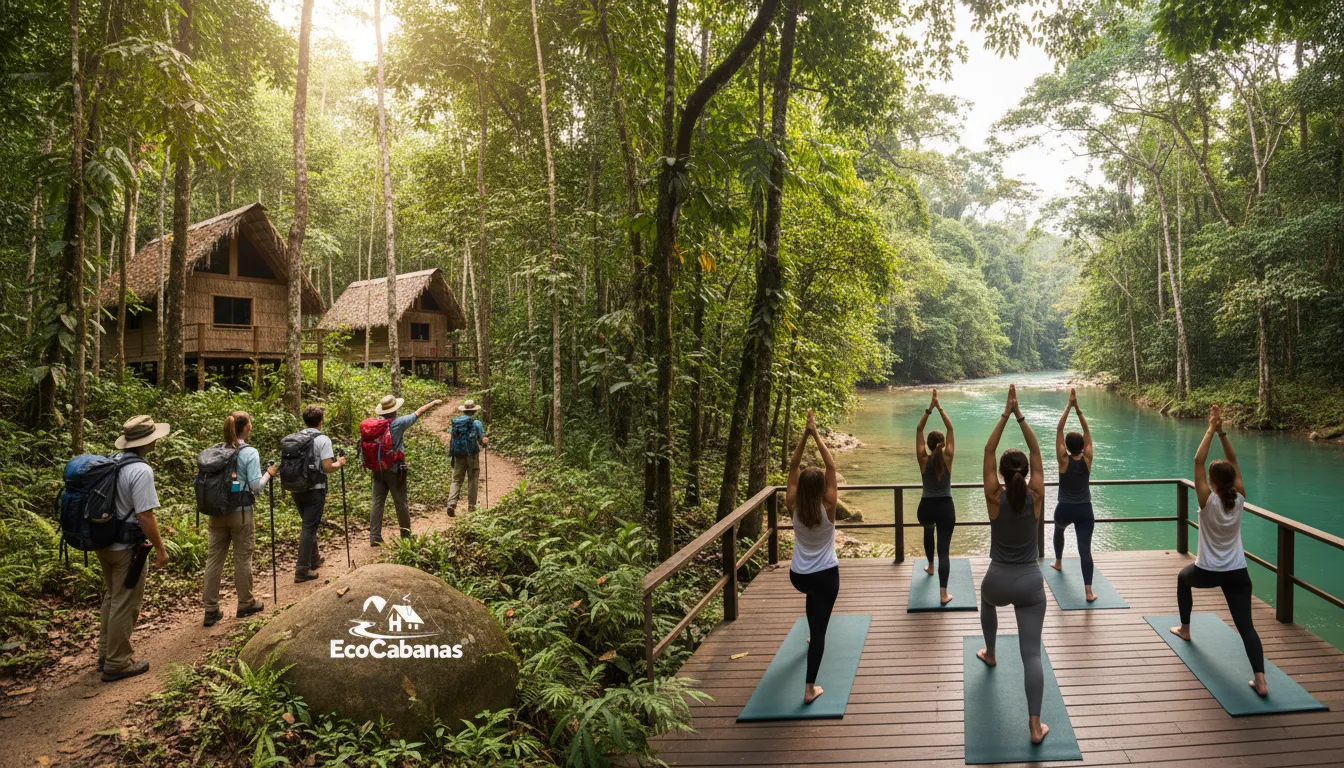Hóspedes desfrutando de atividades de ecoturismo em uma pousada ecológica, promovendo bem-estar e aventura.