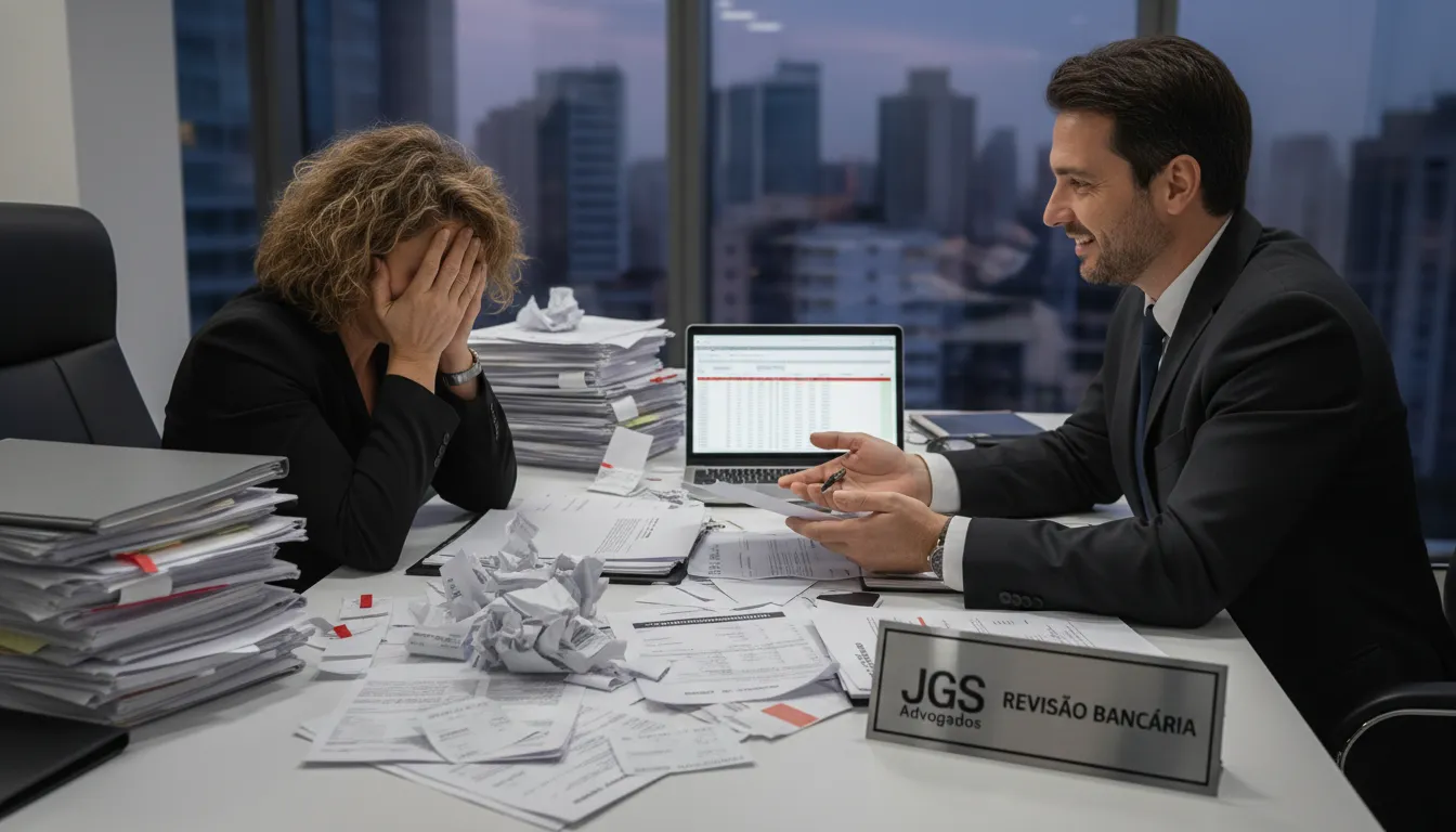 Empresário estressado com dívidas bancárias, buscando a ajuda de um advogado especialista em revisão bancária CNPJ.