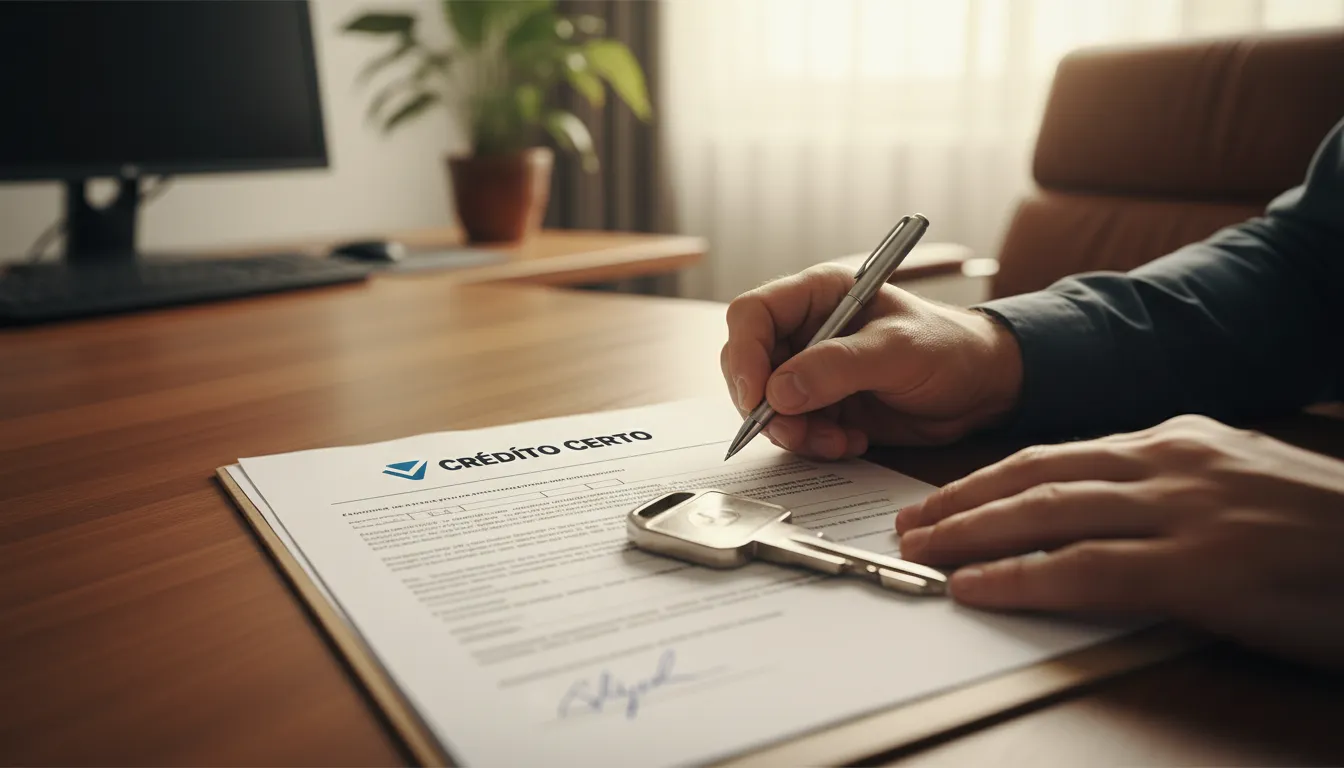 Mãos assinando contrato de empréstimo com chave de caminhão ao lado, representando segurança e aprovação de empréstimo com caminhão em garantia.