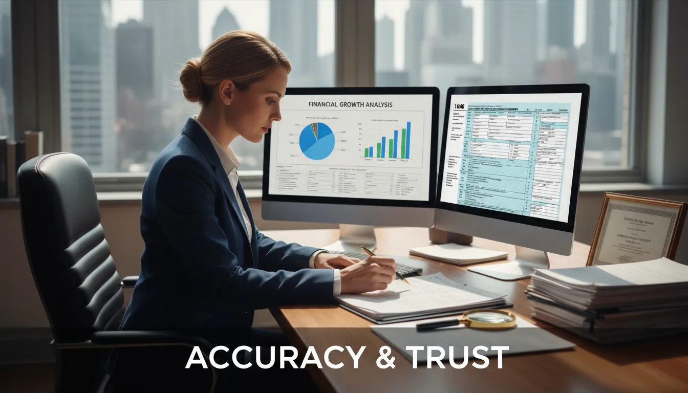 Contador analisando planilhas e declarações fiscais norte-americanas em ambiente corporativo.