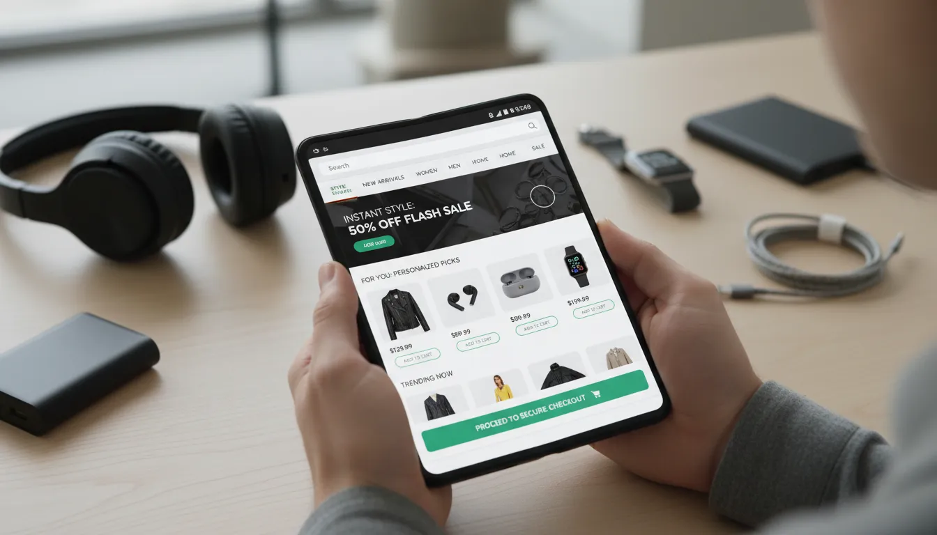 Performance de Site no Mobile em 2026: Otimizações Rápidas 2 Usuário navegando e comprando em site mobile rápido, com recomendações dinâmicas e checkout intuitivo