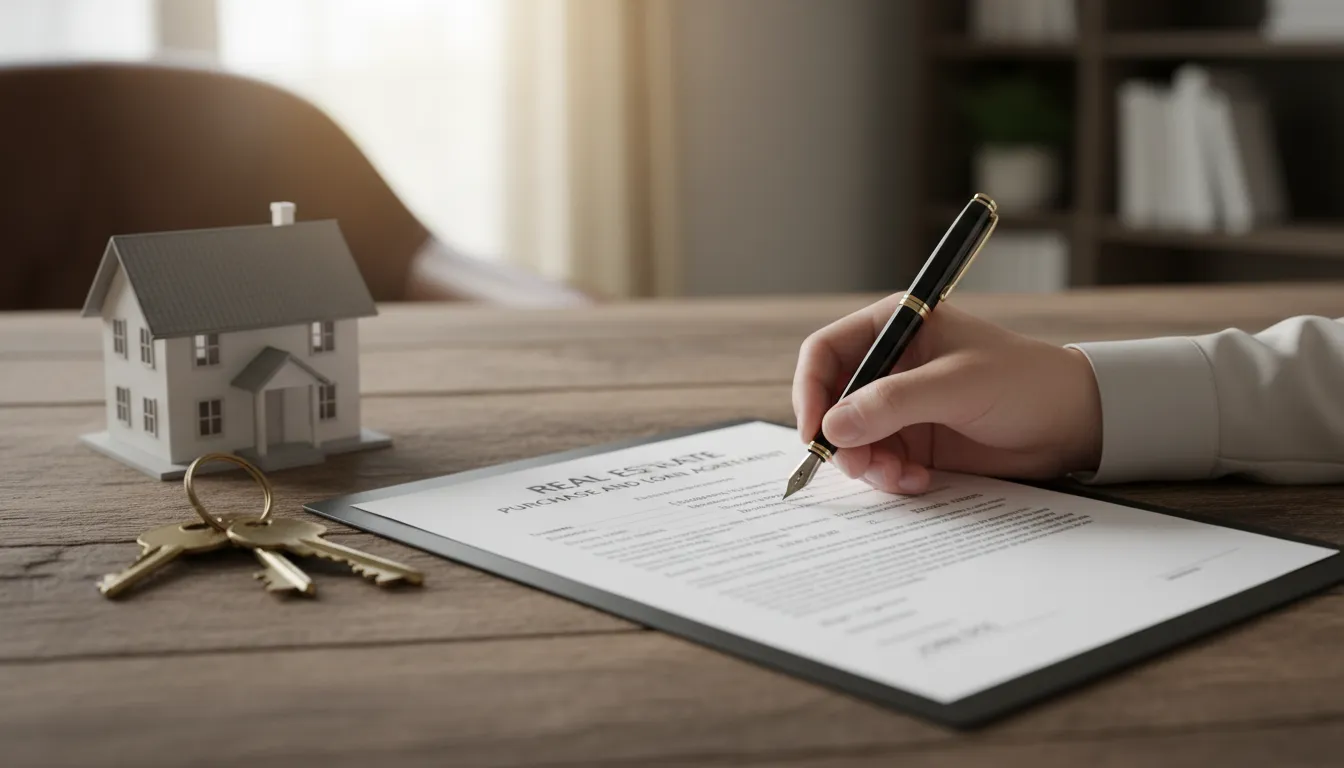 Assinatura de contrato com chaves e miniatura de casa, simbolizando financiamento imobiliário.