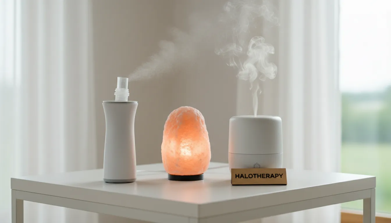 Equipamentos modernos para haloterapia caseira dispostos sobre uma mesa iluminada elegantemente.