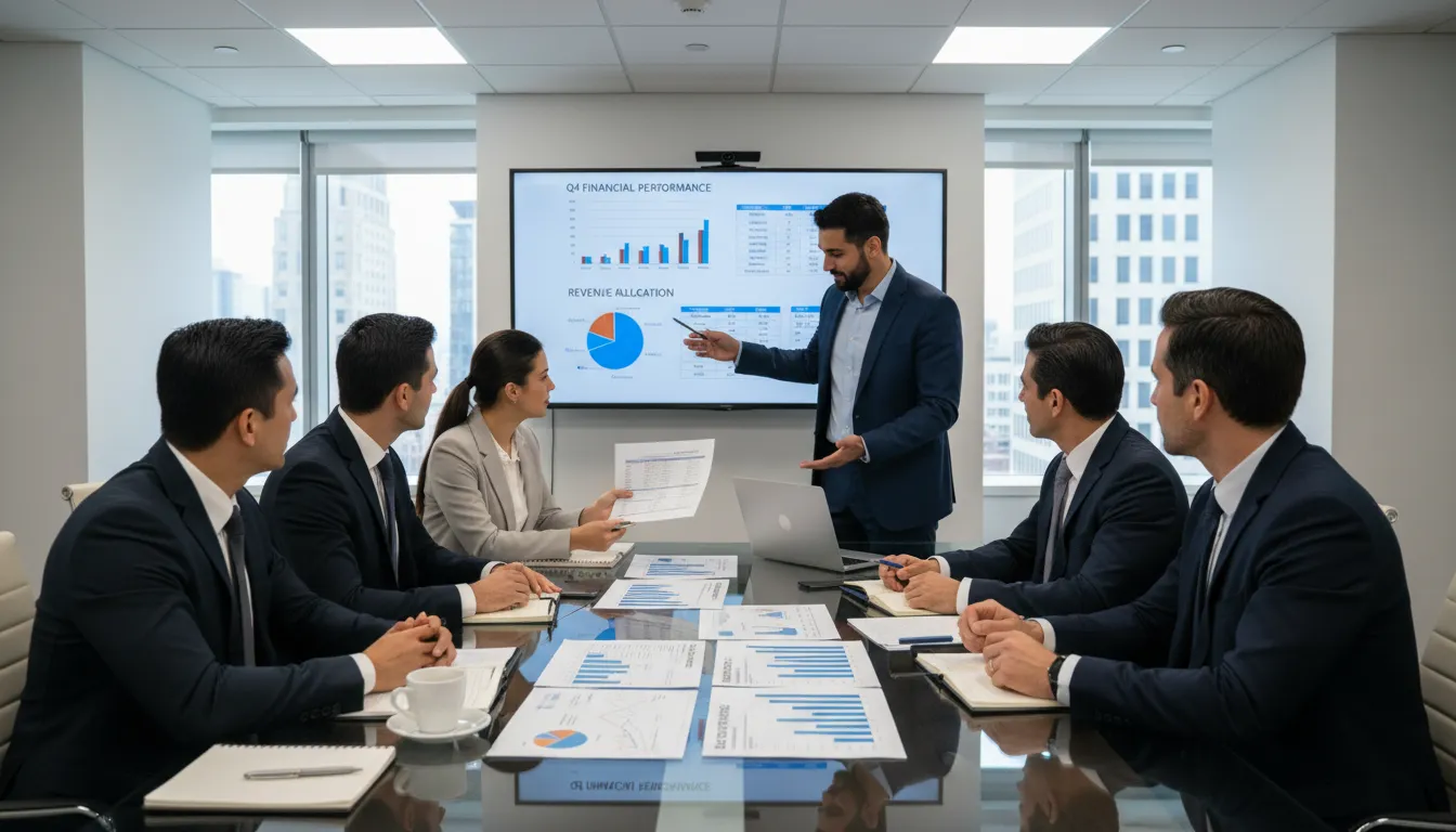 Consultores e contadores revisando documentos e gráficos financeiros em uma sala de reunião profissional.