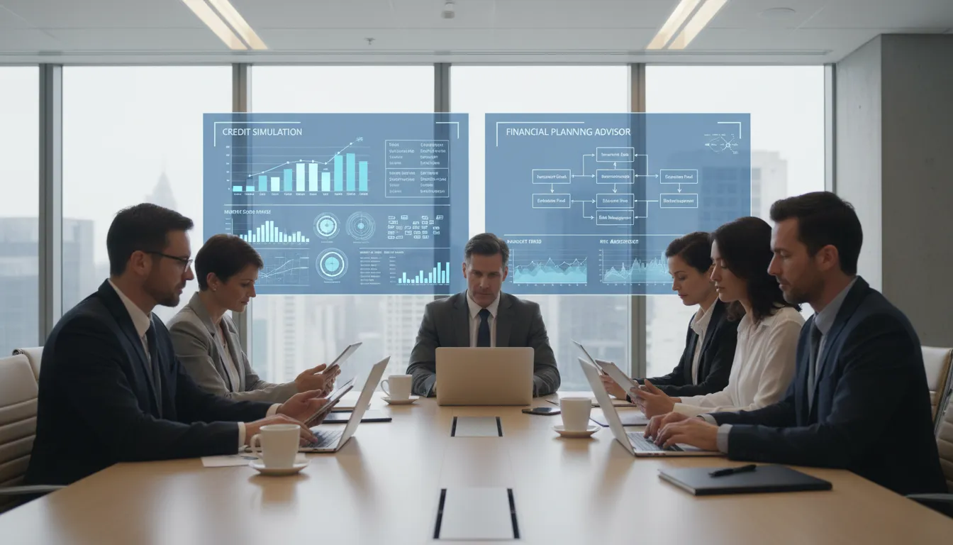 Equipe analisando simulações de crédito e planejamentos financeiros de Pix parcelado em ambiente profissional moderno.