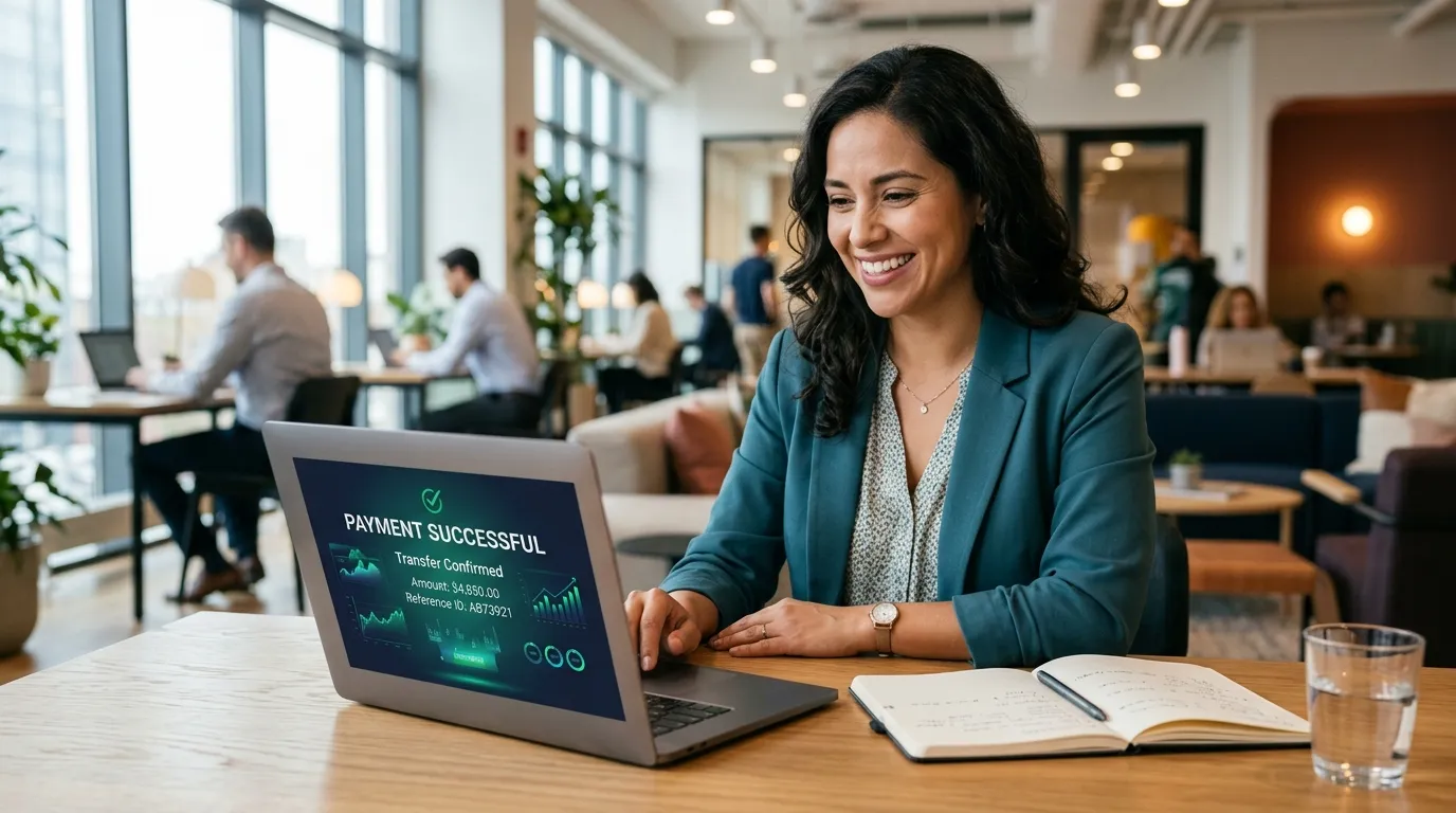 Empresária sorrindo ao receber pagamentos internacionais nos EUA através de seu computador de trabalho.