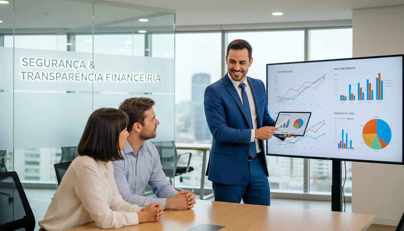 Especialista explicando detalhes da simulação de financiamento para casal com recursos digitais.