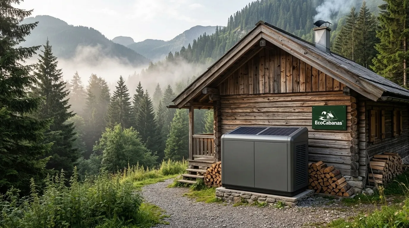 Equipamento moderno de gerador de energia residencial instalado ao lado de cabana ecologica