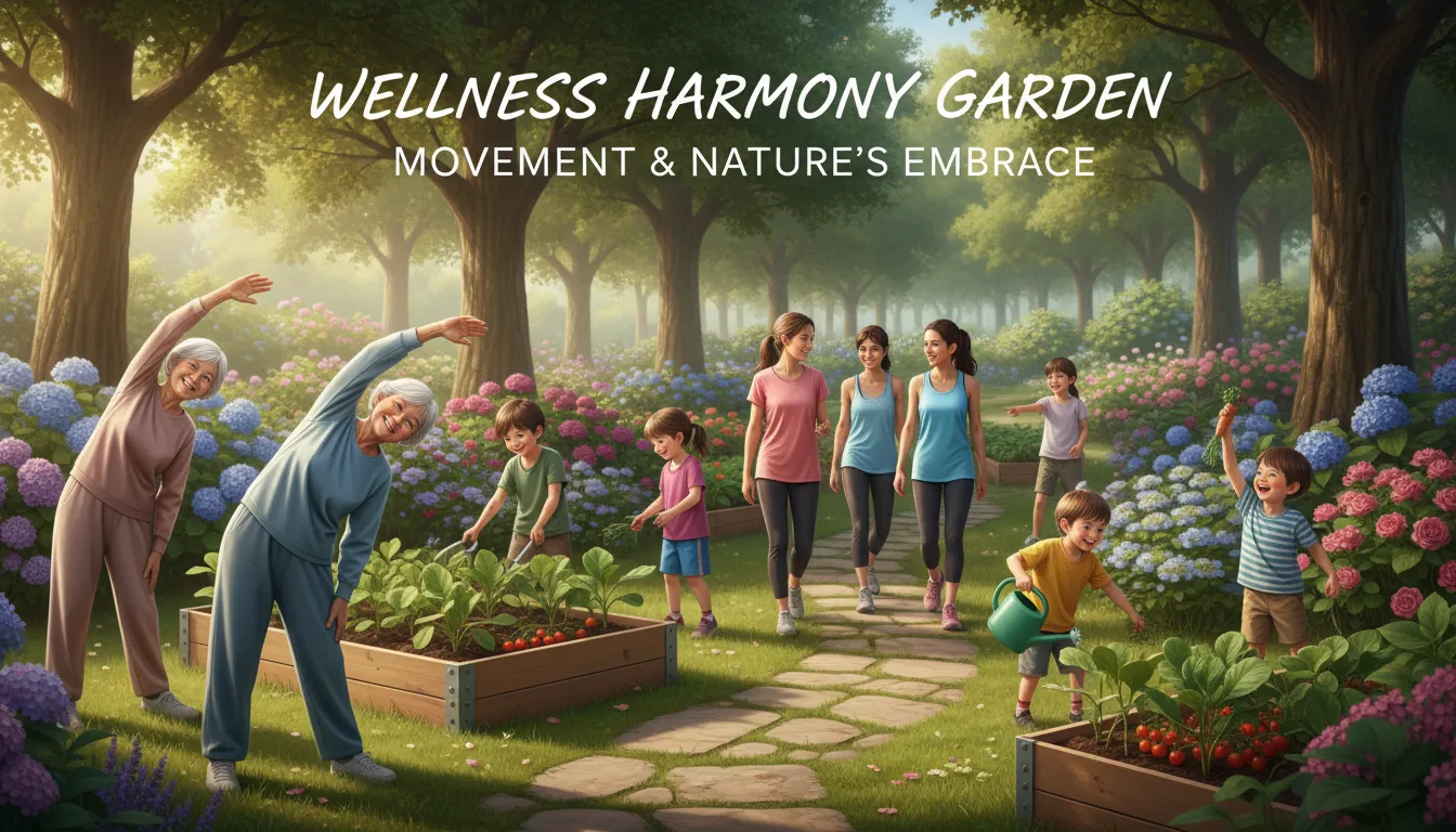 Moradores de várias idades se exercitam e cuidam da horta em um jardim das Blue Zones.