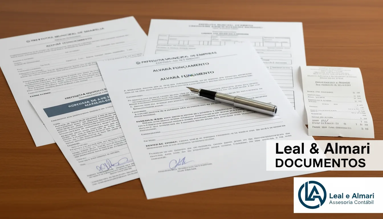 Documentos importantes para o alvará de funcionamento em Marília SP organizados em uma mesa, com o logo da Leal e Almari Assessoria Contábil.