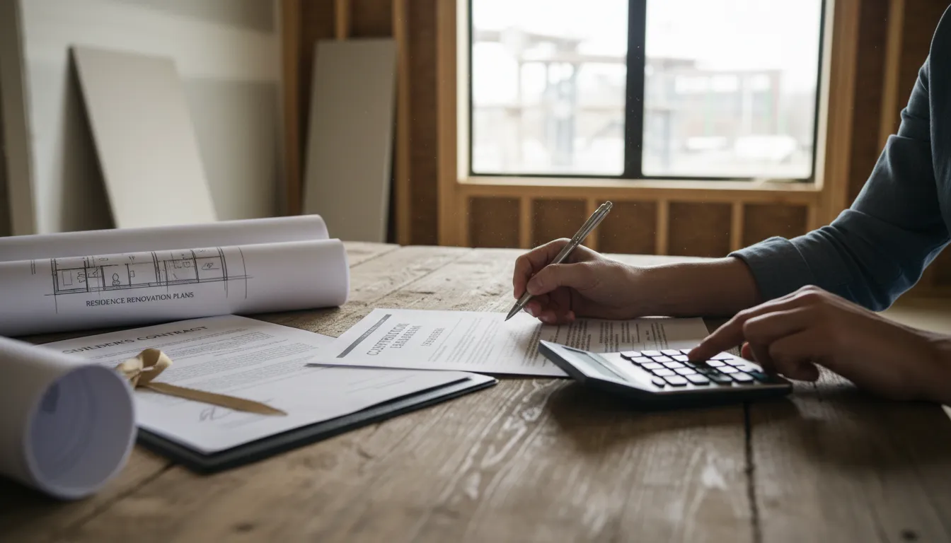 Pessoas preenchendo contrato de financiamento, imagens de casa em construção ao fundo, papéis e calculadora em destaque.