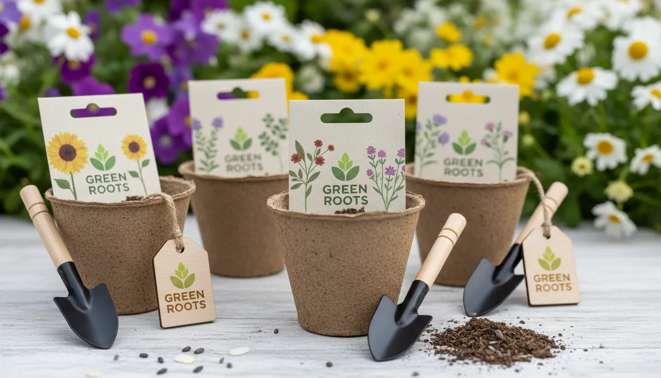Kits de jardinagem personalizados com vasos, sementes e ferramentas sobre mesa com flores ao redor