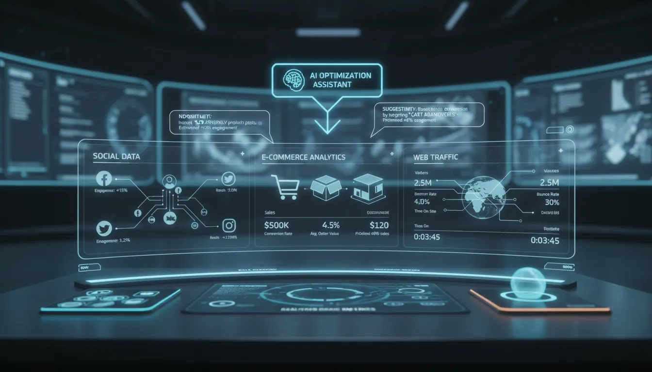 IA para Analytics: Entender Dados do Site Sem Ser Ninja 3 Dashboard com IA integrando dados de várias plataformas e sugerindo otimizações automaticamente.