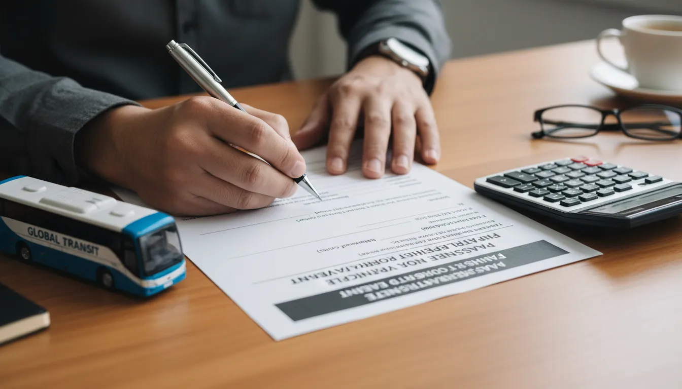 Pessoa assinando documentos de financiamento ao lado de miniatura de ônibus e calculadora, indicando a análise de crédito.