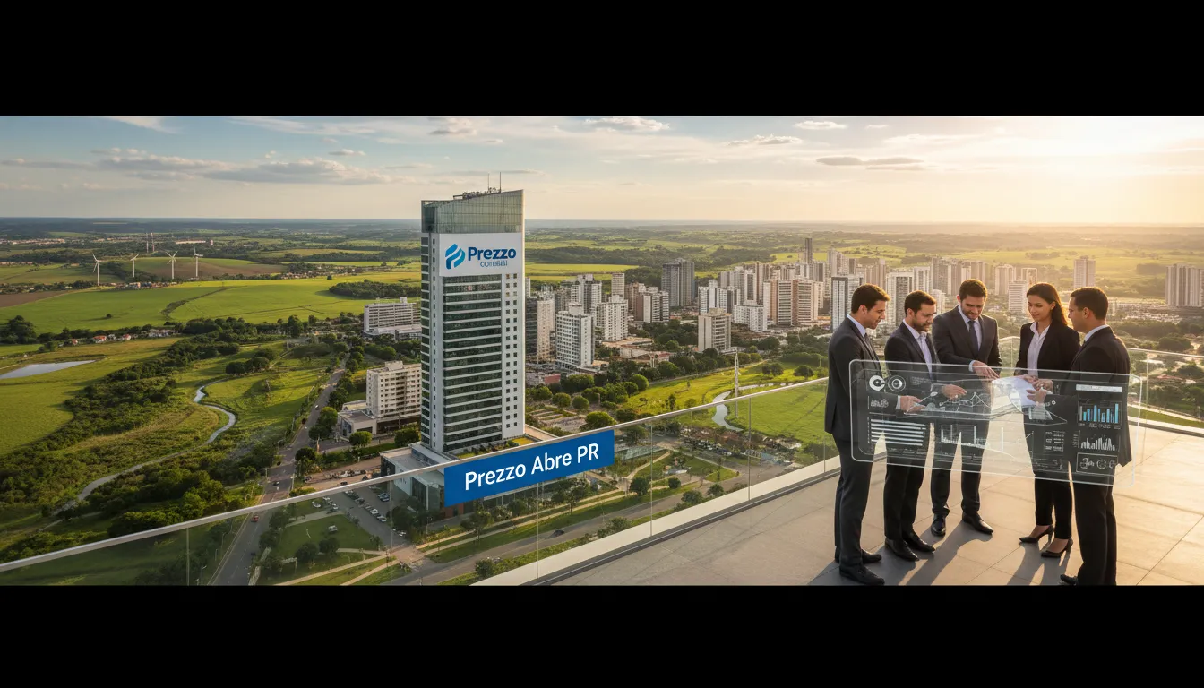 Uma vista panorâmica do Paraná, com profissionais colaborando em um projeto e o logo da Prezzo Contábil em um prédio. Descubra como abrir empresa no Paraná com a Prezzo.
