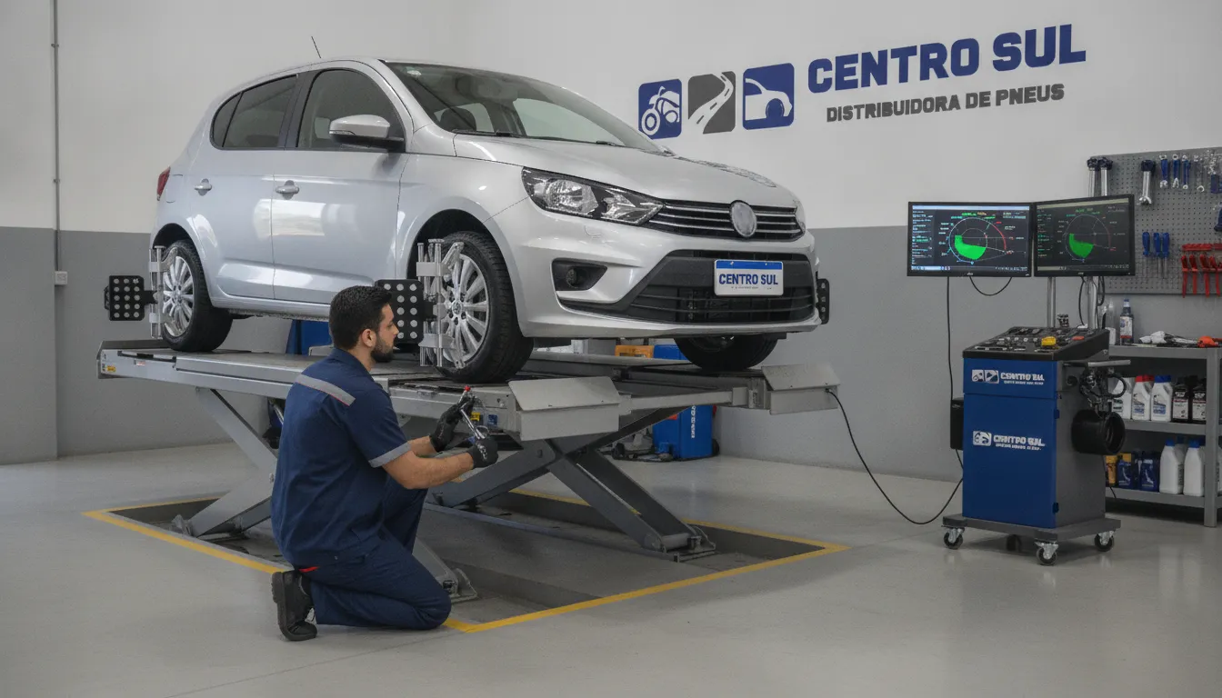 Mecânico Centro Sul realizando geometria 3D em carro com pneus aro 14, garantindo performance e segurança.