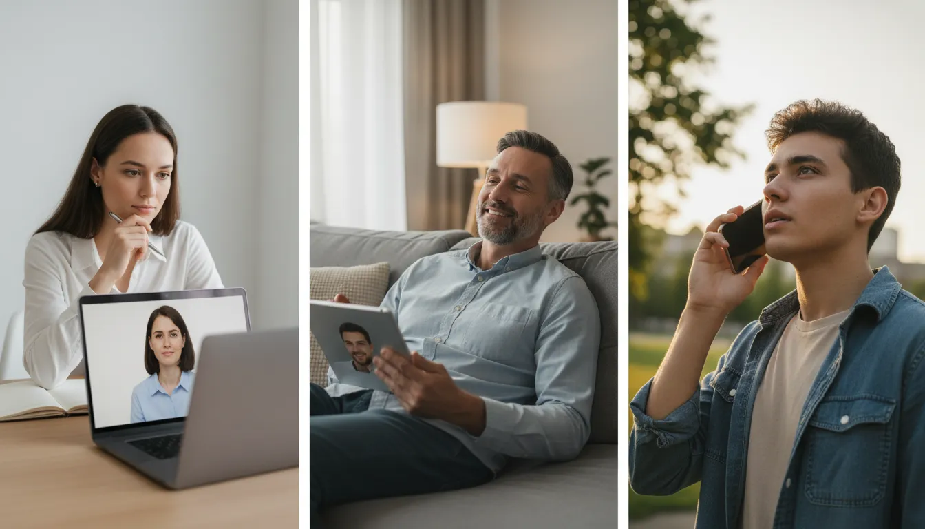 Pessoas usando dispositivos para acessar serviços de psicologia online, refletindo a diversidade de necessidades.