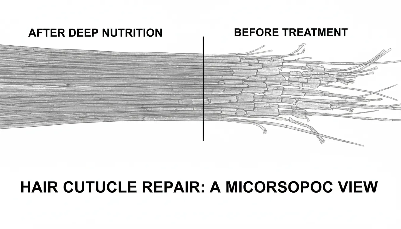Visualização microscópica de fio antes e depois da nutrição, mostrando cutícula selada e cutícula danificada.