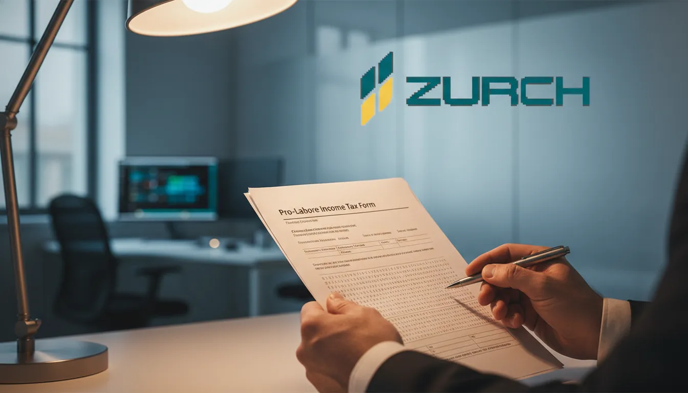 Mãos de um executivo revisando formulário de pro-labore imposto de renda, com código binário sutilmente integrado à textura do documento.