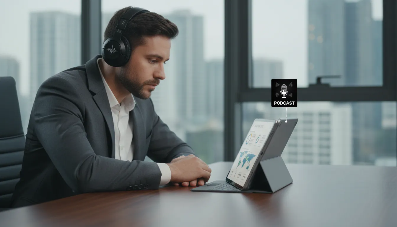 Uma pessoa de terno ouvindo um podcast e analisando métricas de engajamento. Imagem ilustrativa sobre a análise de dados de um podcast.