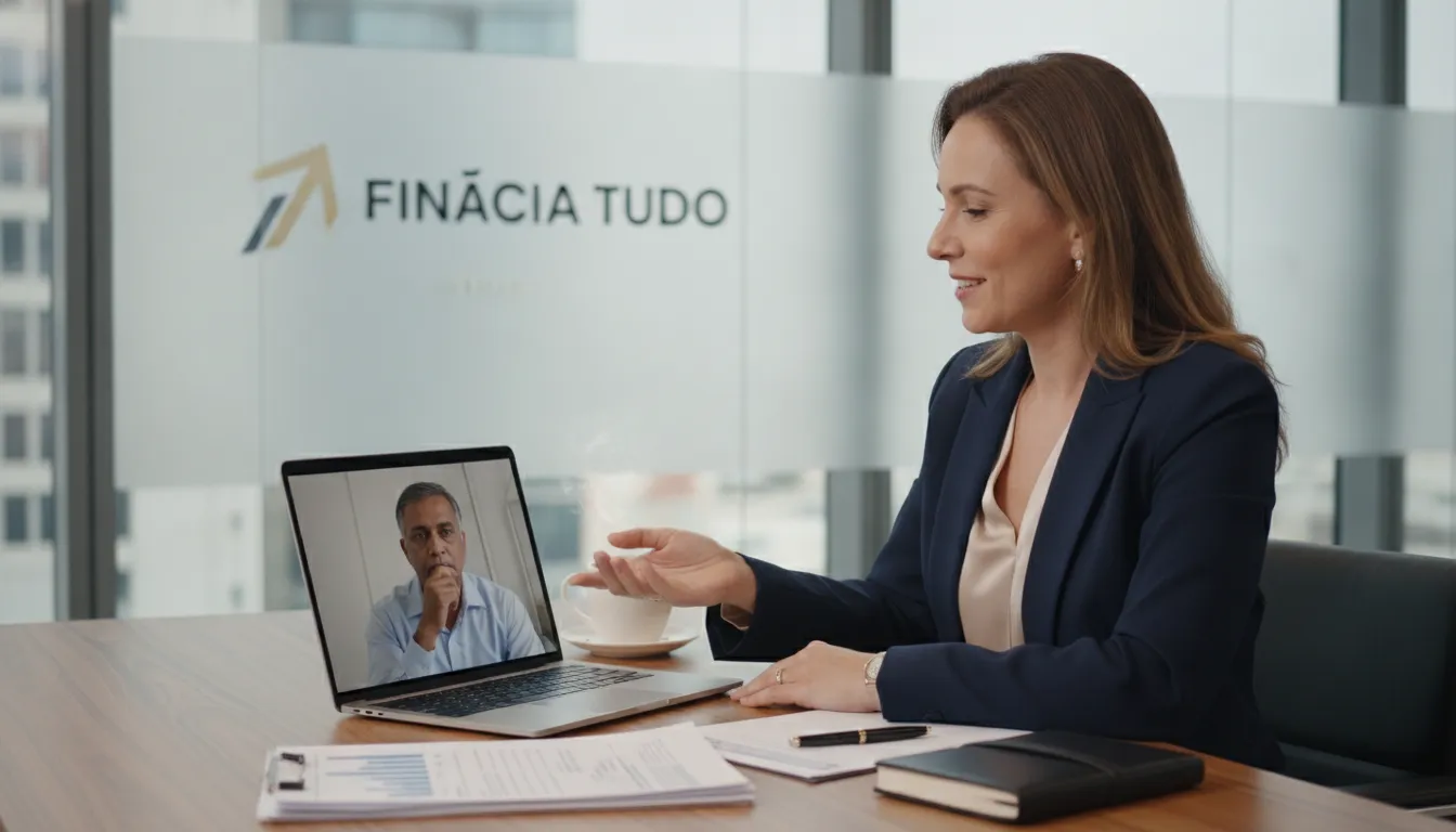Especialista Financia Tudo orienta cliente em videochamada sobre investir ou amortizar dívidas.