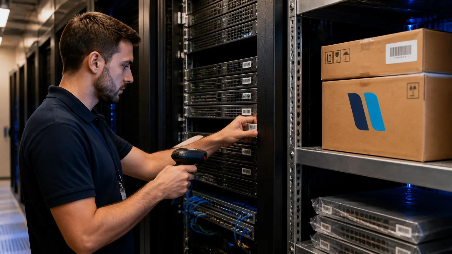 Auditoria de inventário de TI em data center com escaneamento de servidores.