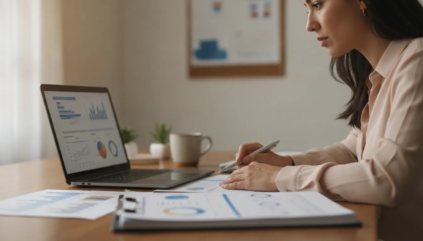 Empreendedora revisa documentos financeiros e plano negócios para abrir negocio em estados unidos com sucesso.