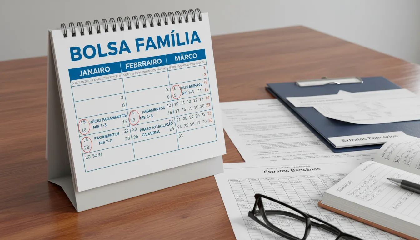 Calendário destacando datas importantes do Bolsa Família 2026, auxiliando no planejamento financeiro e no acompanhamento do bolsa família valor.