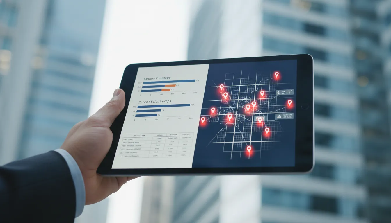 Mão segura tablet com dados de mercado e localização, ferramenta essencial na avaliação imóvel comercial.