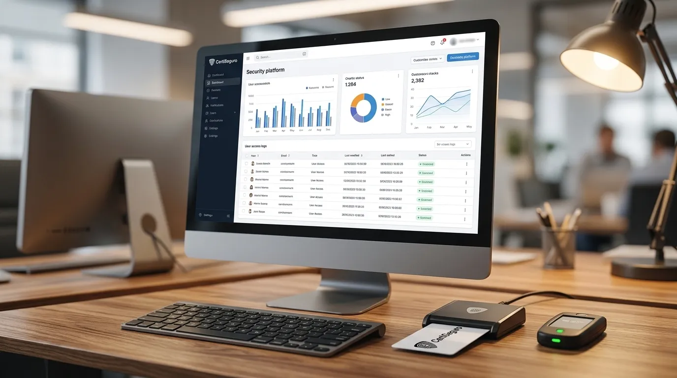 Monitor exibe plataforma de controle para certificado digital e acessos seguros.