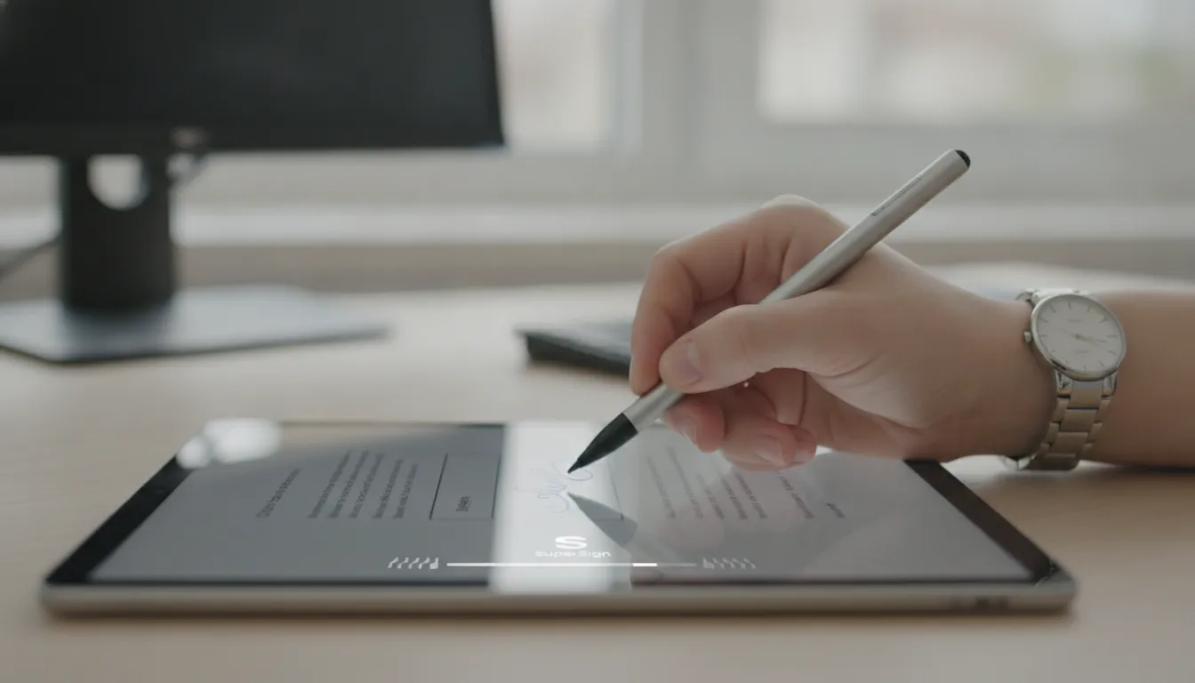 Mão assina eletronicamente um contrato de comodato em tablet, destacando a facilidade e agilidade da SuperSign.