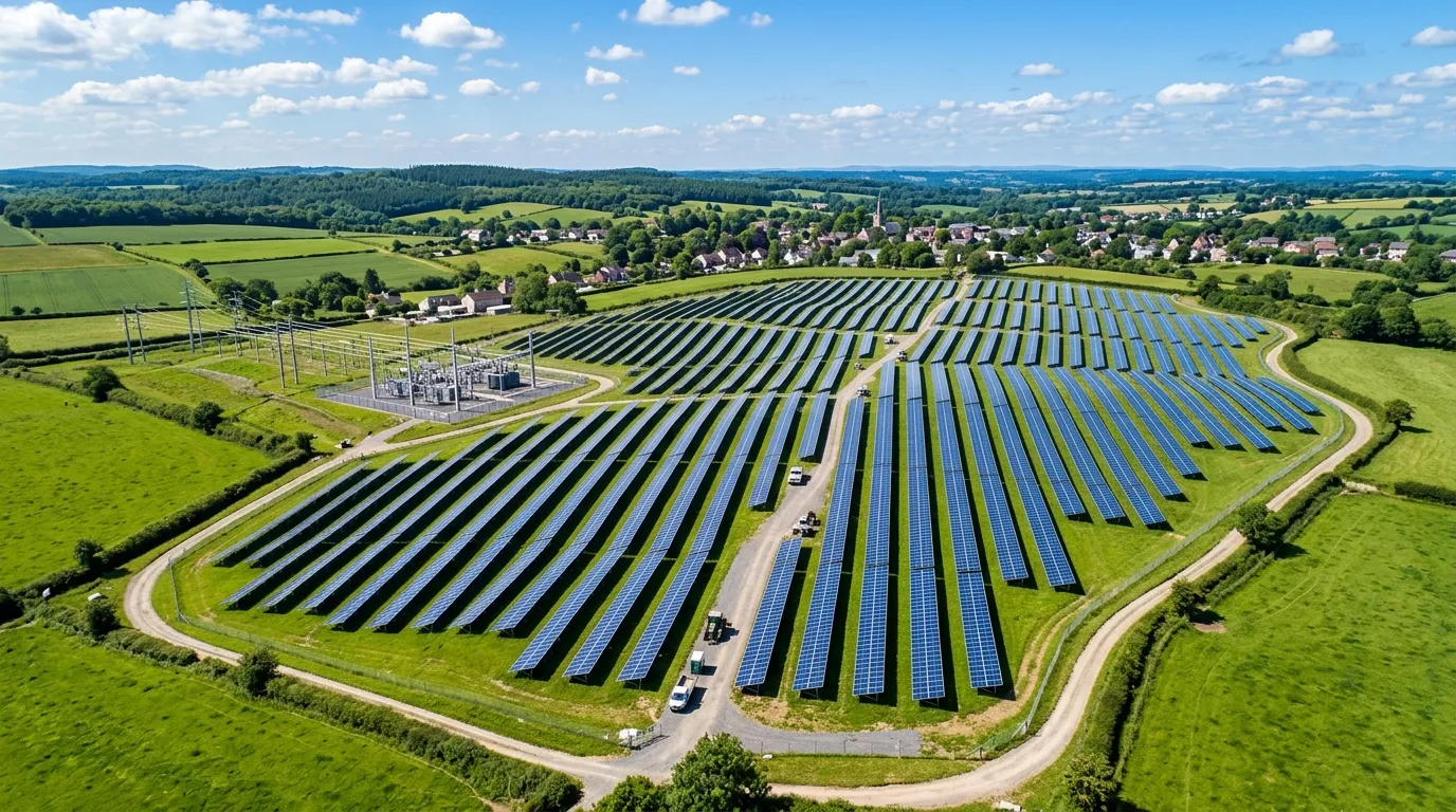 Fazenda solar gerando economia com energia solar por assinatura para consumidores.