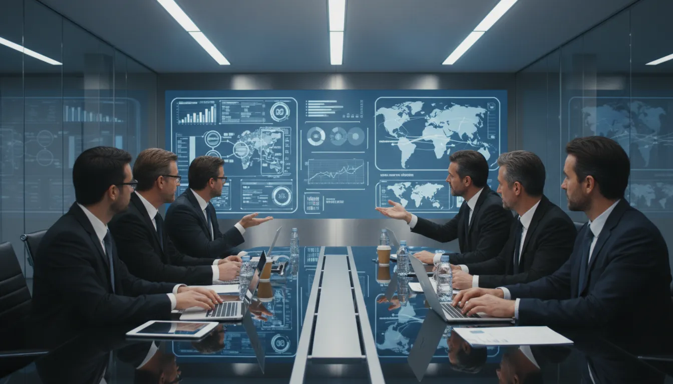 Equipe de gestores logísticos usando gráficos digitais para análise estratégica de frotas em ambiente high-tech.