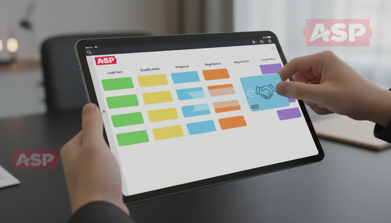 Tablet moderno exibindo a interface de gestão de vendas, com pipeline de oportunidades e acompanhamento do processo comercial.