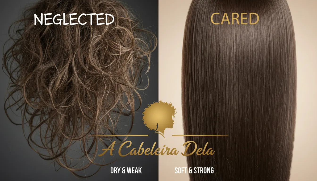 Comparativo de cabelo embaraçando muito e cabelo saudável, mostrando a diferença de textura.